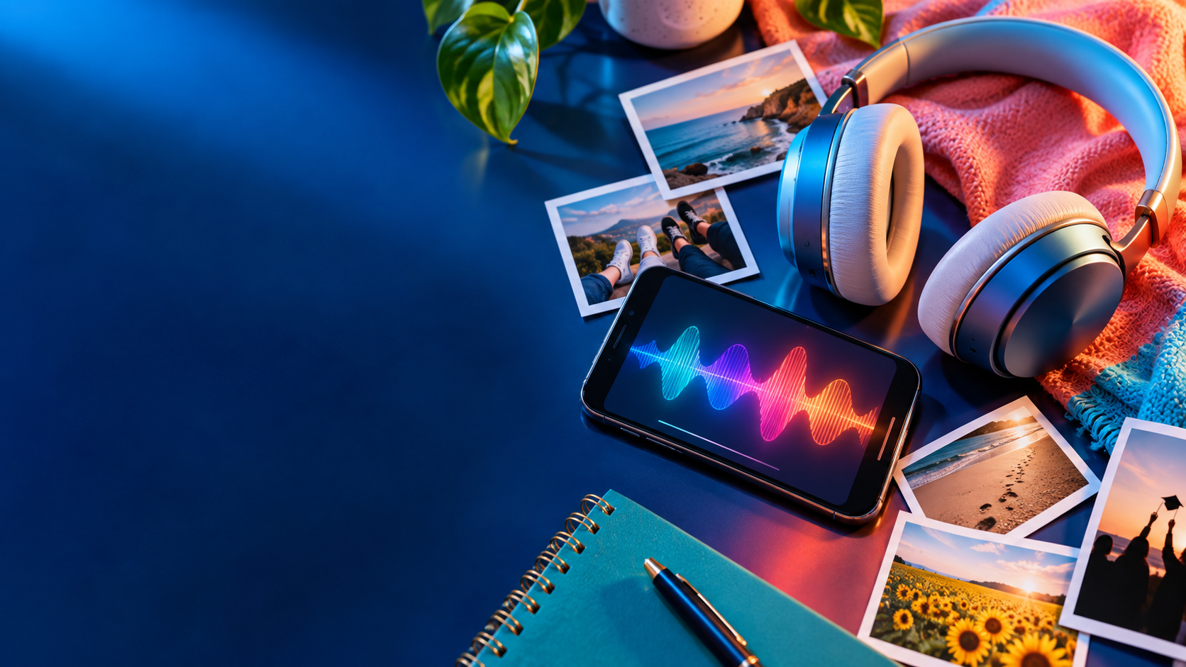 Headphones, music, and printed memories arranged on a table